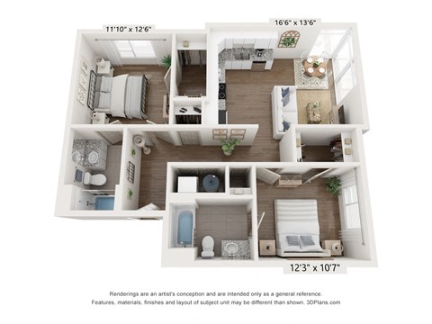 Floor plan for 2 beds, 2 baths, 925 sqft